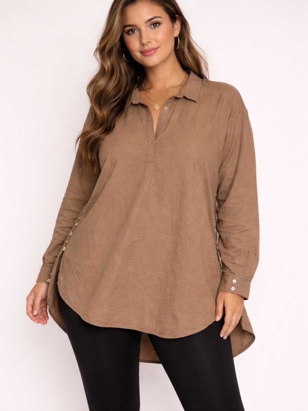Anthropologie Brown Relaxed Button-Cuff Tunic